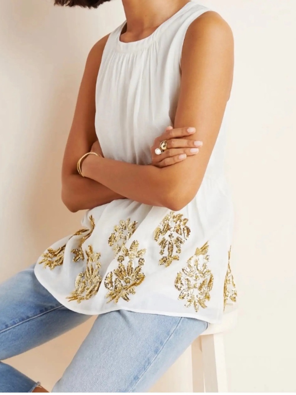 Mauve By Anthropologie Sleeveless White Top with Gold Embellishment